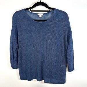 J. Jill Women's Blue Linen 3/4 Sleeve Sweater Size Medium Beach Boho Mesh